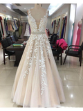 Promfast A-Line V Neck Light Long Prom Dresses With Tulle A-Line/Princess HZ0527