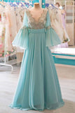 Modest A-line Chiffon Long Prom Dresses With Flare Sleeves HZ0527