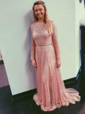 Sparkly Blush Pink Long Prom Dresses with Long Sleeves HZ0527