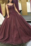 Burgundy Long Formal Ball Gown Prom Dresses With Lace Applique HZ0527