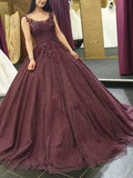 Burgundy Long Formal Ball Gown Prom Dresses With Lace Applique HZ0527