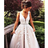 Promfast A-Line V Neck Light Long Prom Dresses With Tulle A-Line/Princess HZ0527