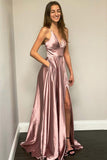 A Line Pink Spaghetti Straps Long Split Prom Dresses With Pockets HZ0527