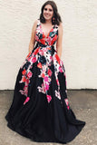 A Line Black V Neck Appliques Prom Dresses, Long Cheap Prom Gown HZ0527