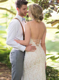 Mermaid Spaghetti Straps Backless Ivory Lace Wedding Dress HZ0527