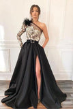 A-Line One-Shoulder Black Long Lace Appliqued Split Prom Dress with Pockets HZ0527