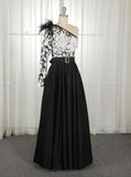A-Line One-Shoulder Black Long Lace Appliqued Split Prom Dress with Pockets HZ0527