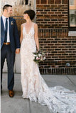 Sheath V-Neck Backless White Lace Boho Wedding Dress Bridal Gown HZ0527