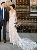Sheath V-Neck Backless White Lace Boho Wedding Dress Bridal Gown HZ0527