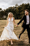 Sheath V-Neck Sweep Train Ivory Simple Wedding Dress Bridal Gown HZ0527
