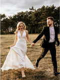 Sheath V-Neck Sweep Train Ivory Simple Wedding Dress Bridal Gown HZ0527