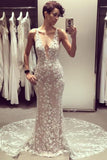 Mermaid V-Neck Backless Court Train Wedding Dress with Lace Appliques HZ0527