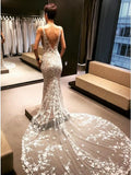 Mermaid V-Neck Backless Court Train Wedding Dress with Lace Appliques HZ0527