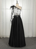 A-Line One-Shoulder Black Long Lace Appliqued Split Prom Dress with Pockets HZ0527