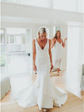Mermaid V-Neck Backless Sweep Train Satin Charming Wedding Dress HZ0527
