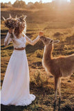 Two Piece Crew Long Sleeves White Chiffon Boho Wedding Dress with Lace HZ0527