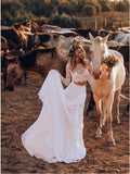 Two Piece Crew Long Sleeves White Chiffon Boho Wedding Dress with Lace HZ0527