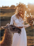Two Piece Crew Long Sleeves White Chiffon Boho Wedding Dress with Lace HZ0527