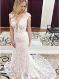 Mermaid Deep V-Neck Cap Sleeves Lace Elegant Wedding Dress HZ0527