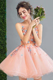 Peach Short A Line Lace Up Back Homecoming Dress With Flowers HZ0527