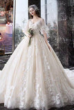 Charming Half Sleeves Ball Gown Wedding Dresses, Appliques V Neck Bridal Dress HZ0527