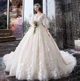 Charming Half Sleeves Ball Gown Wedding Dresses, Appliques V Neck Bridal Dress HZ0527