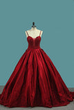Burgundy Spaghetti Straps Beading Prom Dresses, Princess Ball Gown HZ0527