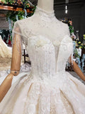 Off White High Neck Ball Gown Wedding Dresses, Open Back Beaded Wedding Gown HZ0527