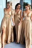 V Neck Split Cheap Long Sexy Bridesmaid Dresses Wedding Guest Dress HZ0527