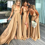 V Neck Split Cheap Long Sexy Bridesmaid Dresses Wedding Guest Dress HZ0527