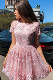 A-Line Short Sleeves Short Pink Homecoming Dress with Lace Appliques HZ0527