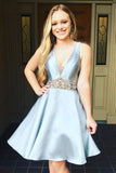 A-Line V-neck Light Blue Satin Homecoming Dress with Beading HZ0527