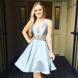 A-Line V-neck Light Blue Satin Homecoming Dress with Beading HZ0527
