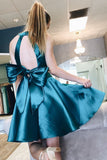 Simple Two Piece Short Dark Teal Satin A Line Homecoming Dress with Bow HZ0527