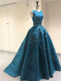 Unique Applique Formal A Line Blue Long Cheap Prom Dresses HZ0527
