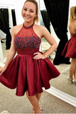 Burgundy Halter Sleeveless Backless A Line Homecoming Dresses HZ0527