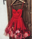 Burgundy Tulle Short Prom Dress, Spaghetti Straps Homecoming Dress With Flowers HZ0527
