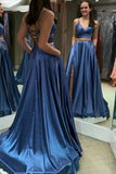 Two Piece Lace Up Blue Long Prom Dress with Slit HZ0527