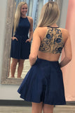 Short Navy Blue A Line Satin Beaded Homecoming Dress with Pockets HZ0527