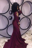 Mermaid Long Burgundy Long Sleeves Prom Dress with Appliques HZ0527
