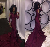 Mermaid Long Burgundy Long Sleeves Prom Dress with Appliques HZ0527