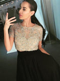 Two Piece Crew Short Sleeves Floor-Length Black Prom Dress with Beading HZ0527