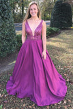 A-Line V-Neck Sweep Train Fuchsia Prom Dress with Beading Pockets HZ0527