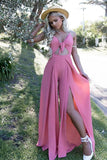 Pink Spaghetti Straps Long Chiffon Prom Dresses with Split Keyhole HZ0527