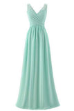 Mint Green V Neck Long Simple Pleated Bridesmaid Dress with Lace HZ0527