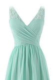 Mint Green V Neck Long Simple Pleated Bridesmaid Dress with Lace HZ0527