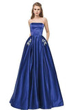 Royal Blue Strapless Long A Line Bridesmaid Dress with Pockets, Cheap Prom Dress with Beads HZ0527