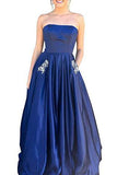 Royal Blue Strapless Long A Line Bridesmaid Dress with Pockets, Cheap Prom Dress with Beads HZ0527
