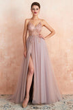 Promfast Straps A-Line Beading Rose Split Tulle Prom Dress with Crystal HZ0527
