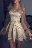 Grey Tulle Long Sleeves Star Homecoming Dress, Short Party Dresses HZ0527